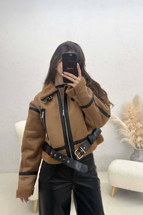 ONE COLOR CROPPED BELT DETAIL WOOL WOMAN JACKET BROWN/KAFE - KLAUDIO FASHION