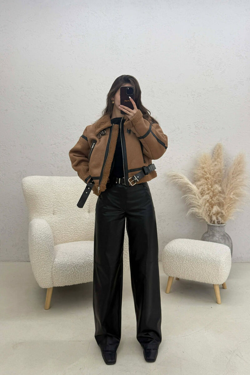 ONE COLOR CROPPED BELT DETAIL WOOL WOMAN JACKET BROWN/KAFE - 2