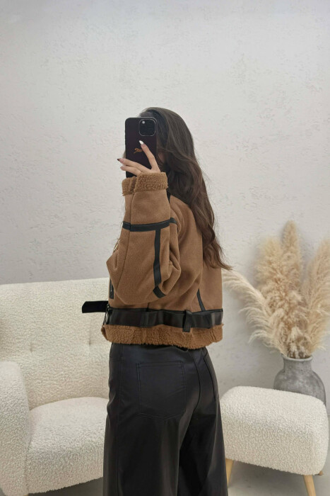 ONE COLOR CROPPED BELT DETAIL WOOL WOMAN JACKET BROWN/KAFE - 3