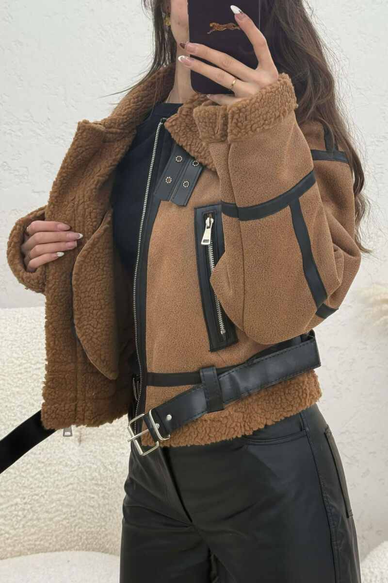 ONE COLOR CROPPED BELT DETAIL WOOL WOMAN JACKET BROWN/KAFE - 4