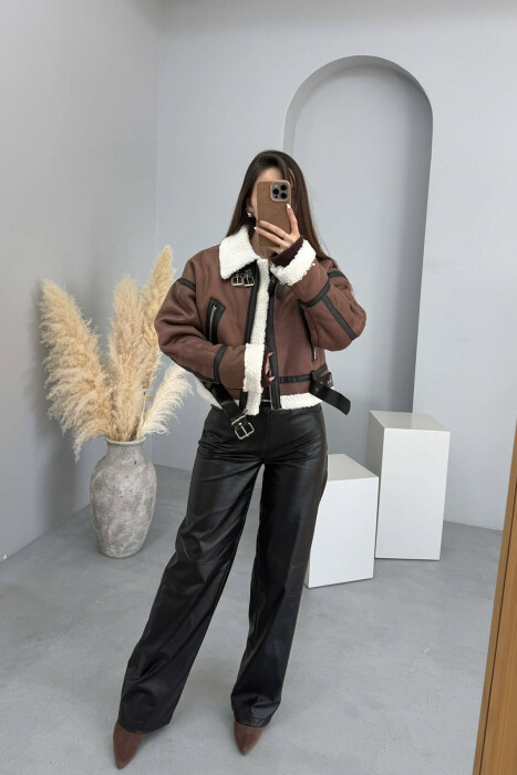 ONE COLOR CROPPED BELT DETAIL WOOL WOMAN JACKET DARK BROWN/KAFE ERRET - 8