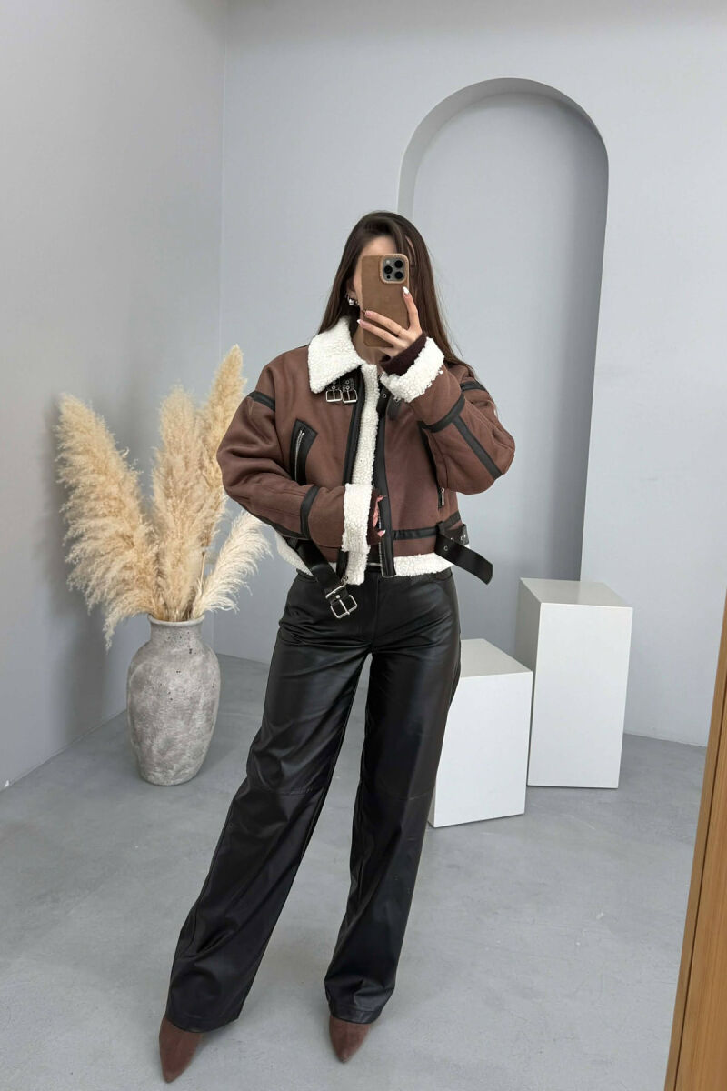 ONE COLOR CROPPED BELT DETAIL WOOL WOMAN JACKET DARK BROWN/KAFE ERRET - 8