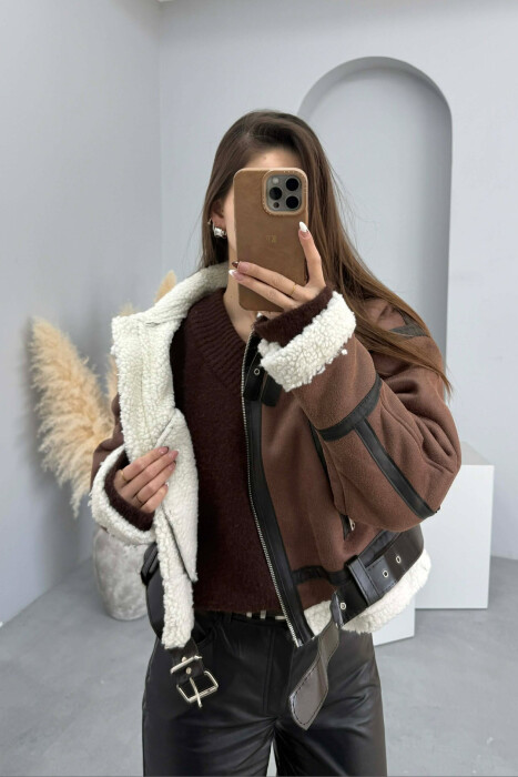 ONE COLOR CROPPED BELT DETAIL WOOL WOMAN JACKET DARK BROWN/KAFE ERRET - 6