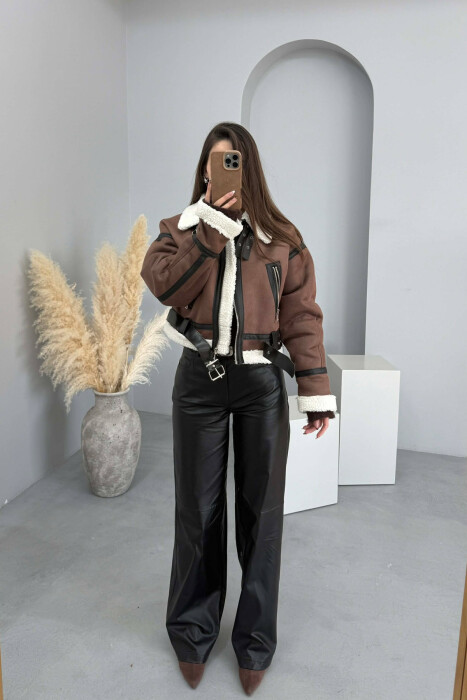 ONE COLOR CROPPED BELT DETAIL WOOL WOMAN JACKET DARK BROWN/KAFE ERRET - 10