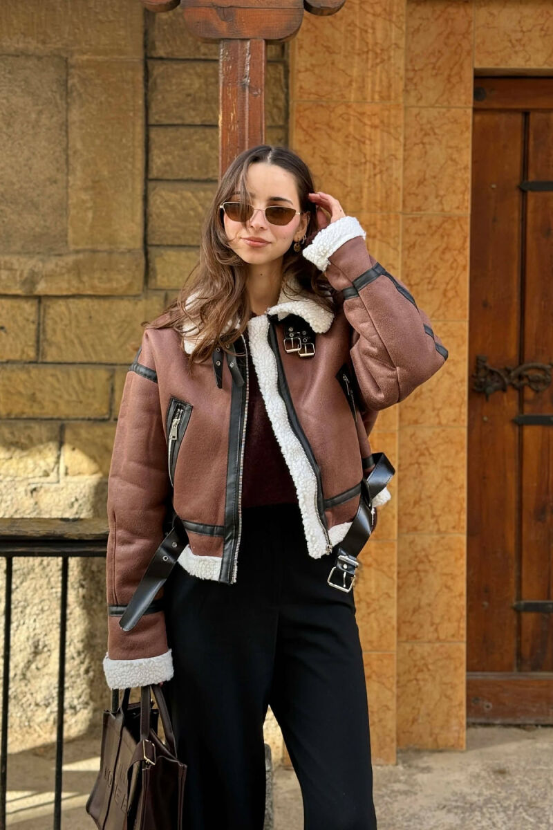 ONE COLOR CROPPED BELT DETAIL WOOL WOMAN JACKET DARK BROWN/KAFE ERRET - 1