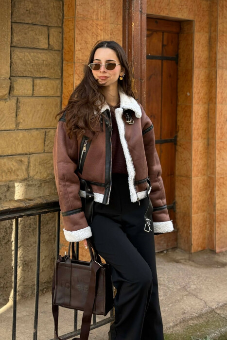 ONE COLOR CROPPED BELT DETAIL WOOL WOMAN JACKET DARK BROWN/KAFE ERRET - 2