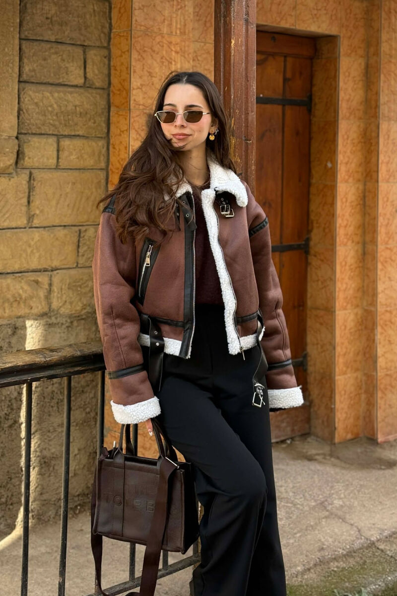 ONE COLOR CROPPED BELT DETAIL WOOL WOMAN JACKET DARK BROWN/KAFE ERRET - 2