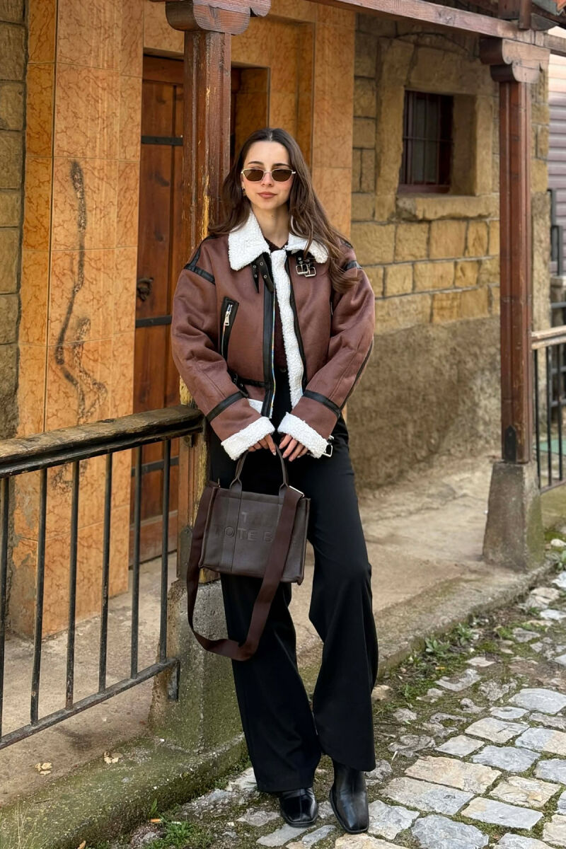 ONE COLOR CROPPED BELT DETAIL WOOL WOMAN JACKET DARK BROWN/KAFE ERRET - 3