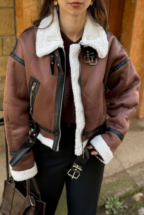 ONE COLOR CROPPED BELT DETAIL WOOL WOMAN JACKET DARK BROWN/KAFE ERRET - 4