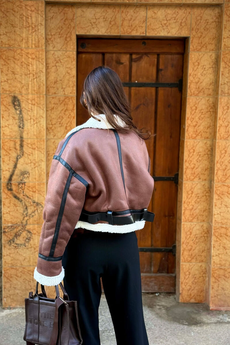 ONE COLOR CROPPED BELT DETAIL WOOL WOMAN JACKET DARK BROWN/KAFE ERRET - 5