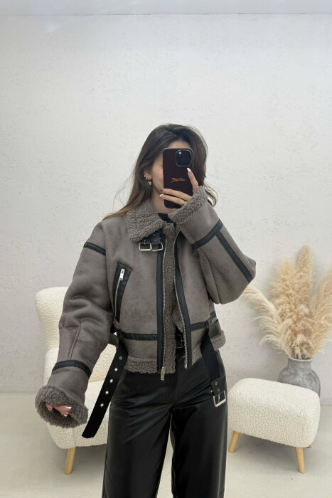 ONE COLOR CROPPED BELT DETAIL WOOL WOMAN JACKET DARK GREY/GEE - 1