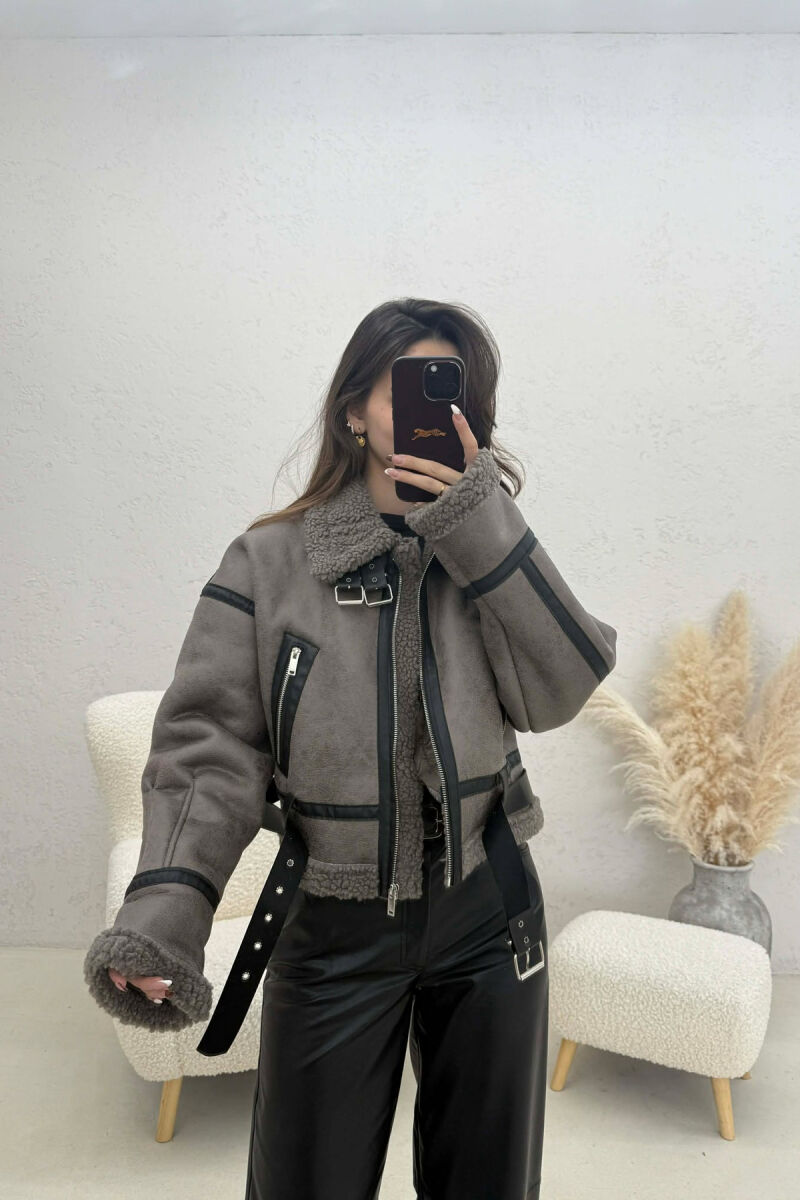 ONE COLOR CROPPED BELT DETAIL WOOL WOMAN JACKET DARK GREY/GEE - 1