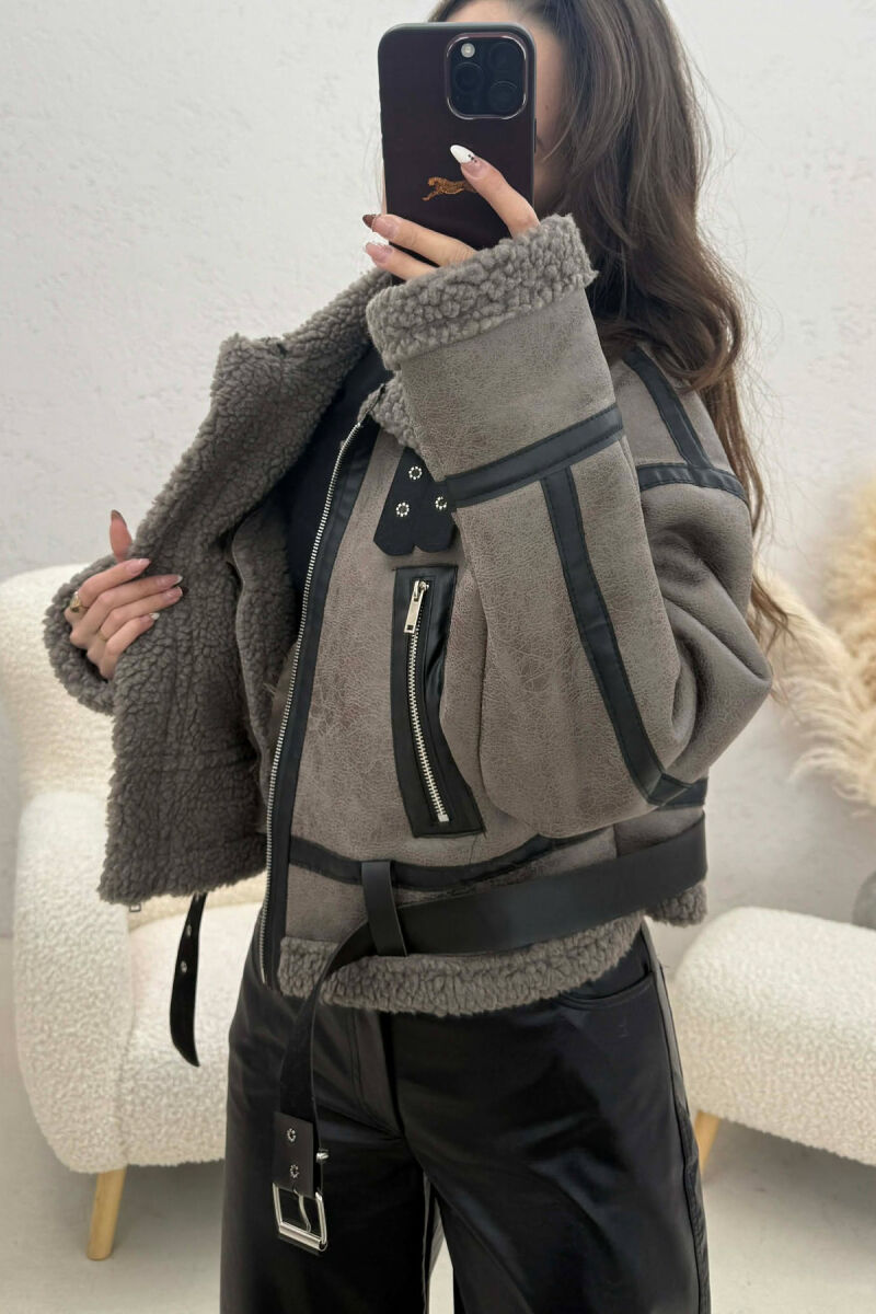 ONE COLOR CROPPED BELT DETAIL WOOL WOMAN JACKET DARK GREY/GEE - 2