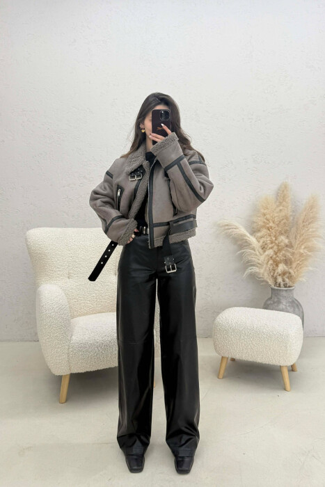 ONE COLOR CROPPED BELT DETAIL WOOL WOMAN JACKET DARK GREY/GEE - 3