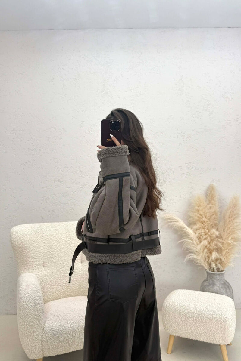 ONE COLOR CROPPED BELT DETAIL WOOL WOMAN JACKET DARK GREY/GEE - 4