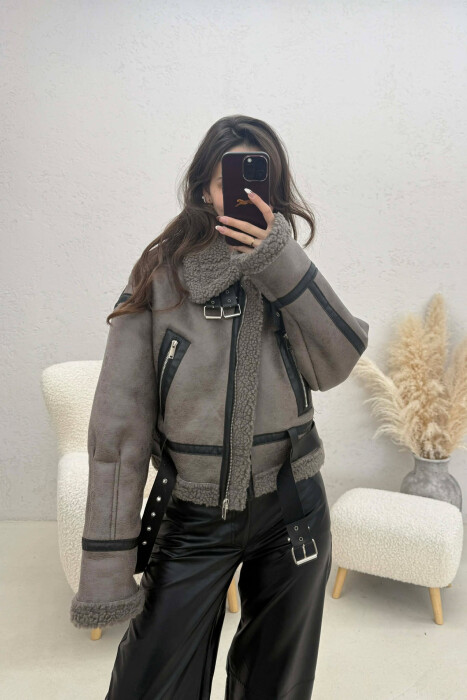 ONE COLOR CROPPED BELT DETAIL WOOL WOMAN JACKET DARK GREY/GEE - 5
