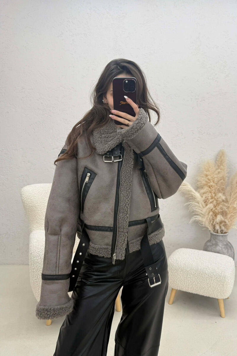 ONE COLOR CROPPED BELT DETAIL WOOL WOMAN JACKET DARK GREY/GEE - 5