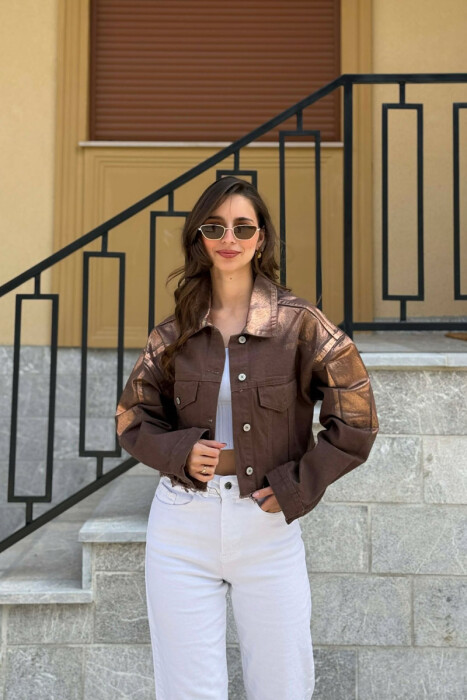 ONE COLOR CROPPED DENIM WOMEN JACKET BROWN/KAFE - KLAUDIO FASHION