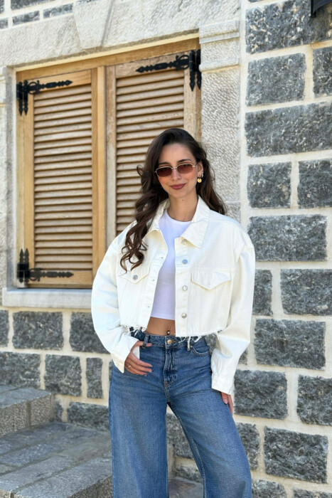 ONE COLOR CROPPED DENIM WOMEN JACKET CREAM/KREM - KLAUDIO FASHION