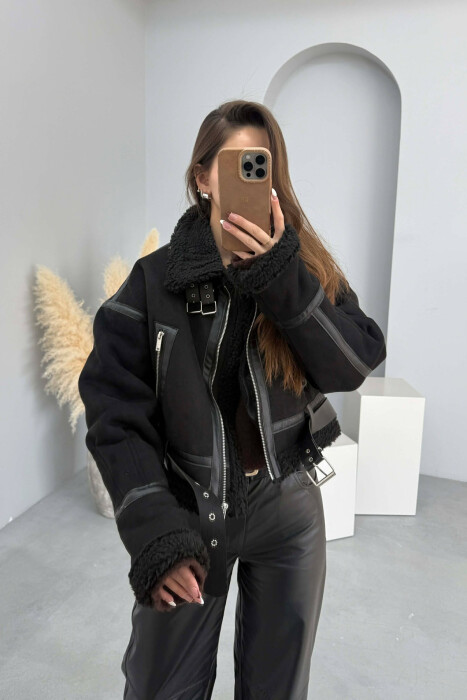 ONE COLOR CROPPED HIGH NECK WOOL WOMAN JACKET BLACK/ E ZEZE - KLAUDIO FASHION