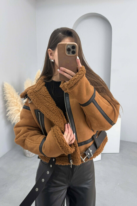 ONE COLOR CROPPED HIGH NECK WOOL WOMAN JACKET BROWN/KAFE - KLAUDIO FASHION