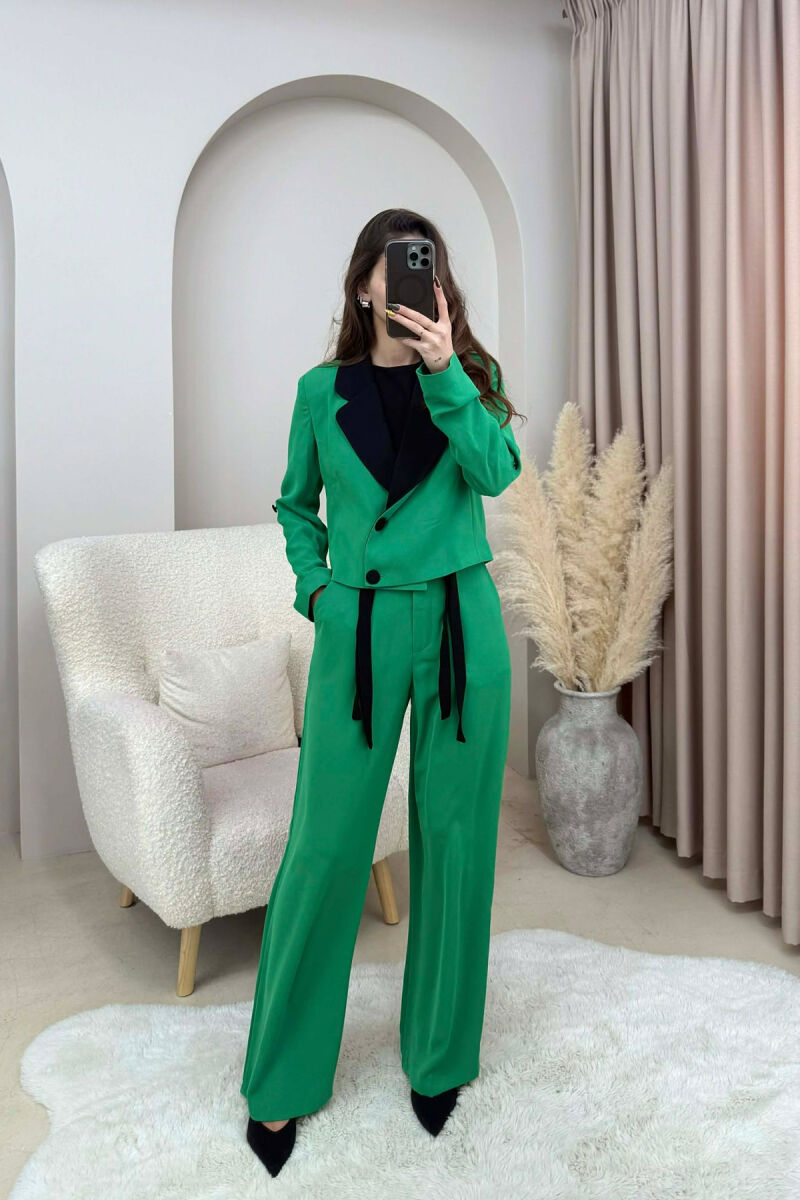ONE COLOR CROPPED JACKET+ TROUSERS WOMEN SET GREEN/JESHILE - 1