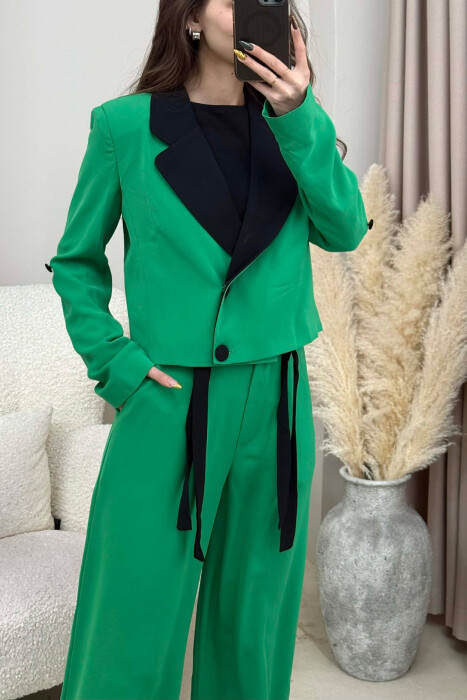 ONE COLOR CROPPED JACKET+ TROUSERS WOMEN SET GREEN/JESHILE - 4