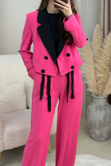 ONE COLOR CROPPED JACKET+ TROUSERS WOMEN SET PINK/ROZE - 3