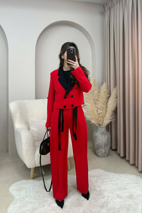 ONE COLOR CROPPED JACKET+ TROUSERS WOMEN SET RED/E KUQE 