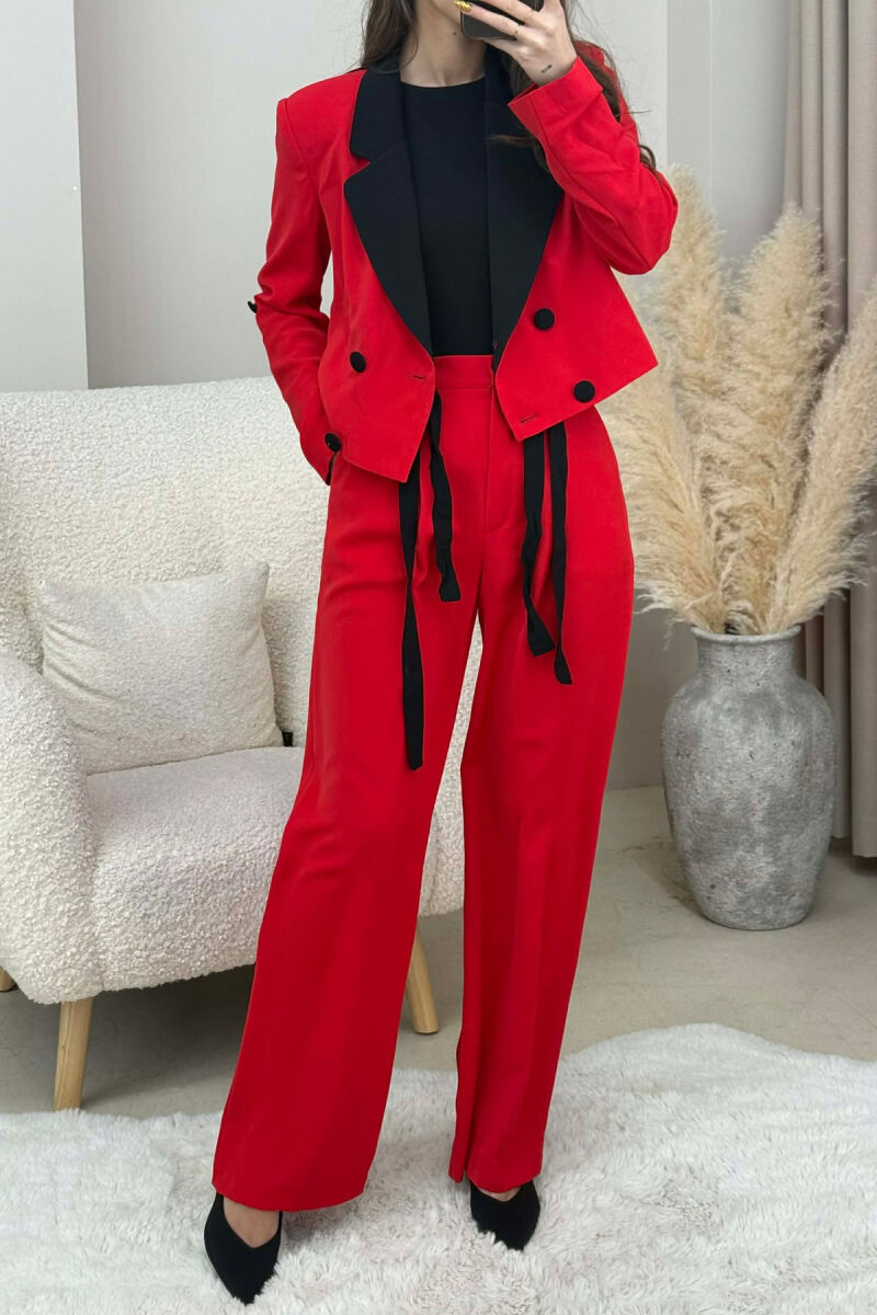 ONE COLOR CROPPED JACKET+ TROUSERS WOMEN SET RED/E KUQE - 2