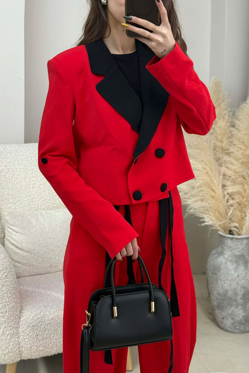 ONE COLOR CROPPED JACKET+ TROUSERS WOMEN SET RED/E KUQE - 4