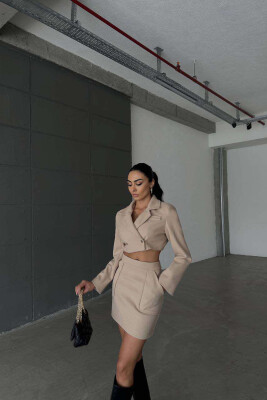 ONE COLOR CROPPED JACKET+SKIRT WOMEN SET BEIGE/BEZHE 