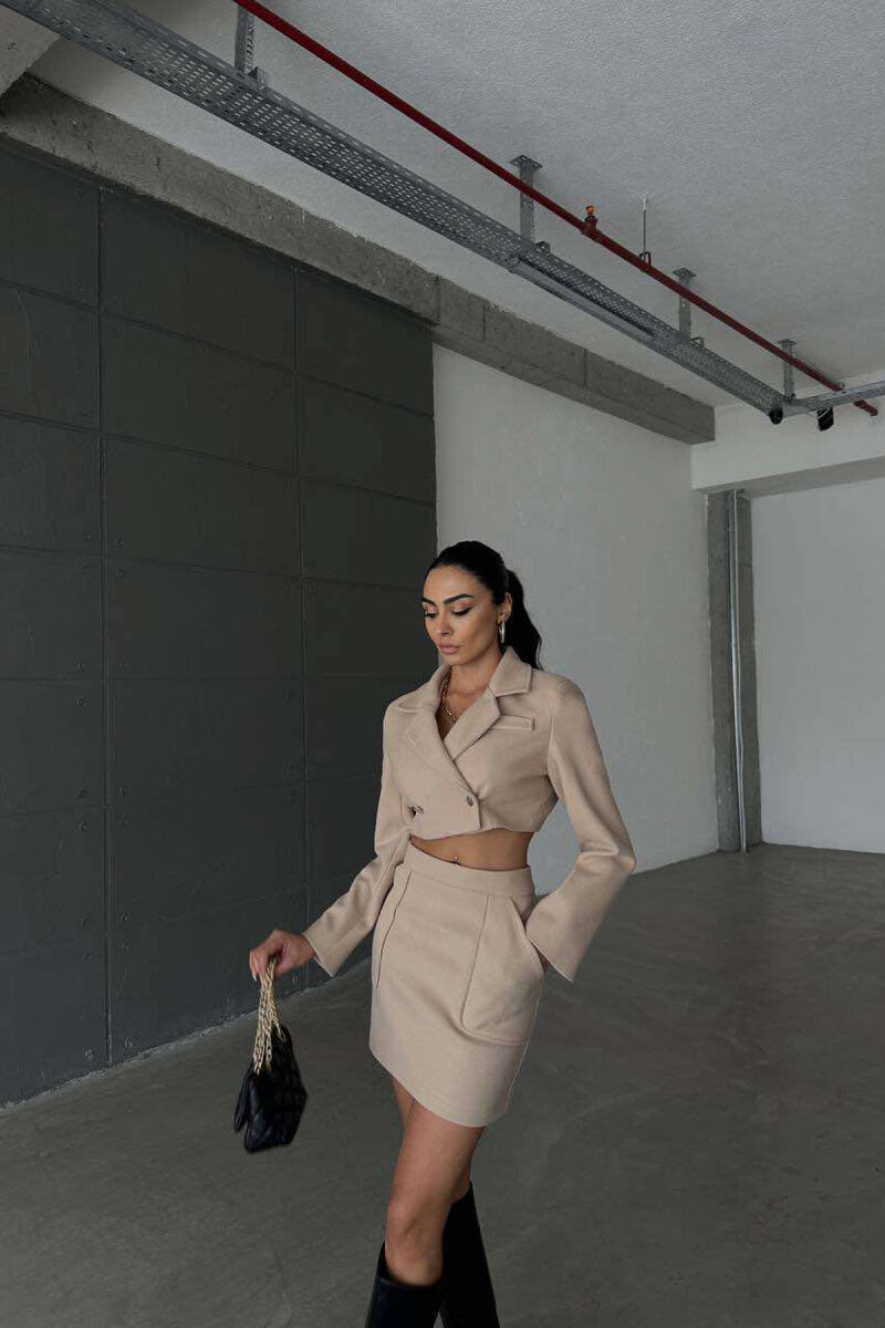 ONE COLOR CROPPED JACKET+SKIRT WOMEN SET BEIGE/BEZHE - 1