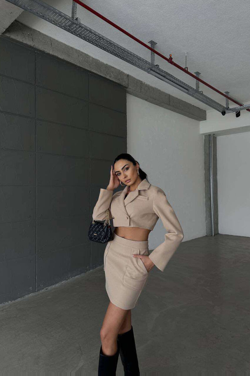 ONE COLOR CROPPED JACKET+SKIRT WOMEN SET BEIGE/BEZHE - 3