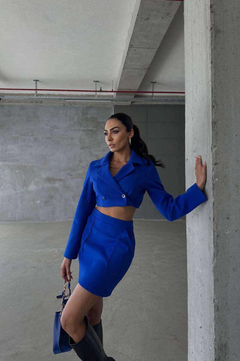 ONE COLOR CROPPED JACKET+SKIRT WOMEN SET BLUE/BLU - 2