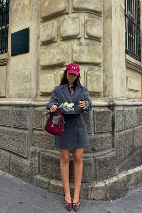 ONE COLOR CROPPED JACKET+SKIRT WOMEN SET DARK GREY/GEE 