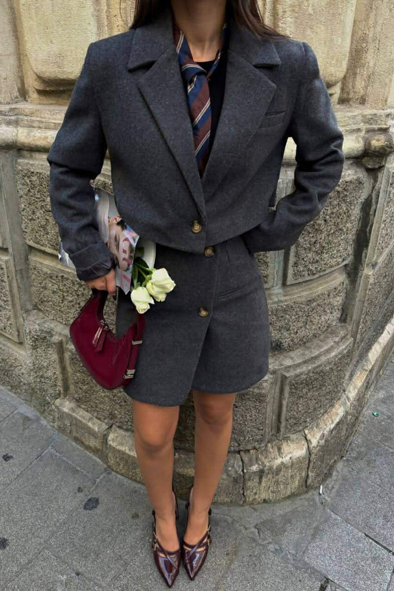 ONE COLOR CROPPED JACKET+SKIRT WOMEN SET DARK GREY/GEE - 2