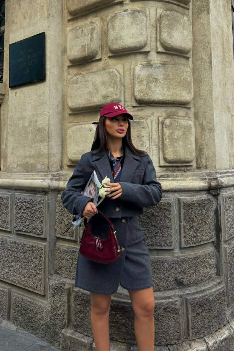 ONE COLOR CROPPED JACKET+SKIRT WOMEN SET DARK GREY/GEE - 4