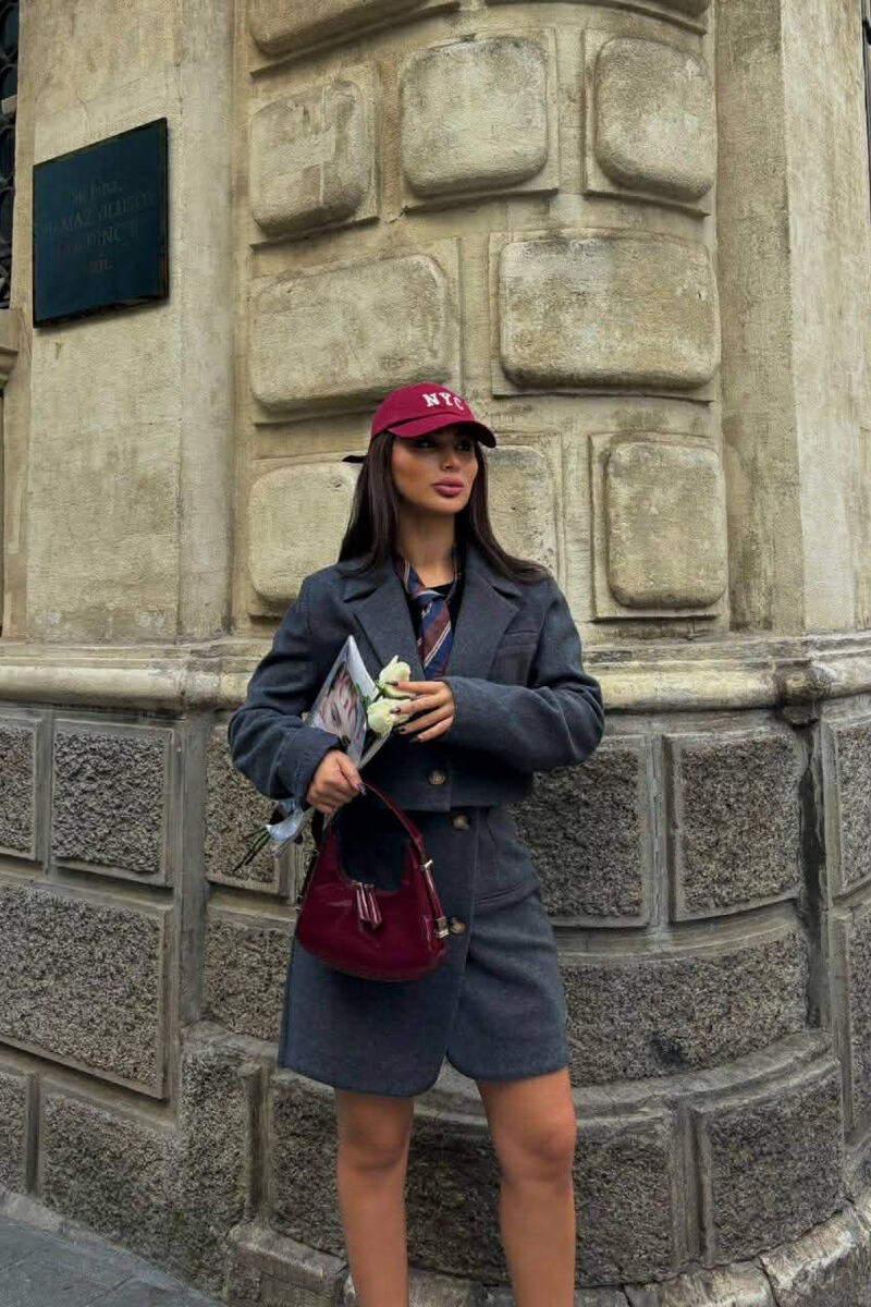 ONE COLOR CROPPED JACKET+SKIRT WOMEN SET DARK GREY/GEE - 4