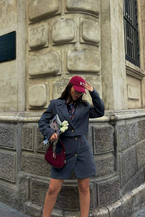 ONE COLOR CROPPED JACKET+SKIRT WOMEN SET DARK GREY/GEE - 5