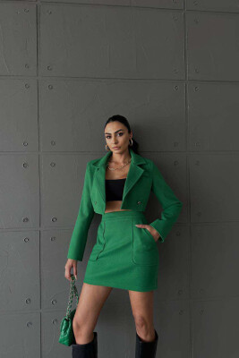 ONE COLOR CROPPED JACKET+SKIRT WOMEN SET GREEN/JESHILE 