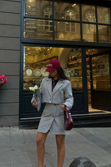 ONE COLOR CROPPED JACKET+SKIRT WOMEN SET LIGHT GREY/GZ - 1