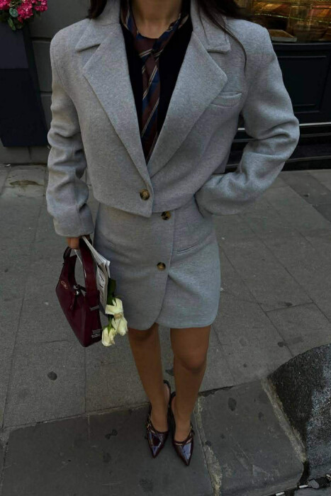 ONE COLOR CROPPED JACKET+SKIRT WOMEN SET LIGHT GREY/GZ - 2