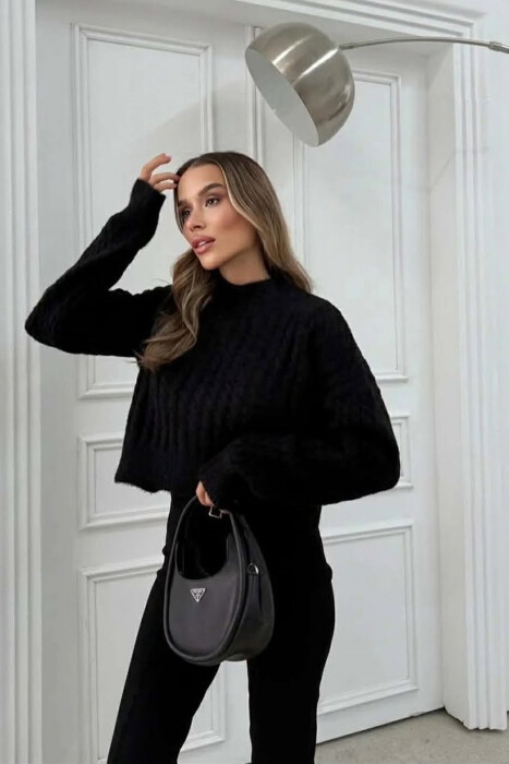 ONE COLOR CROPPED SEMI NECK WOMEN SWEATER BLACK/ E ZEZE - 4