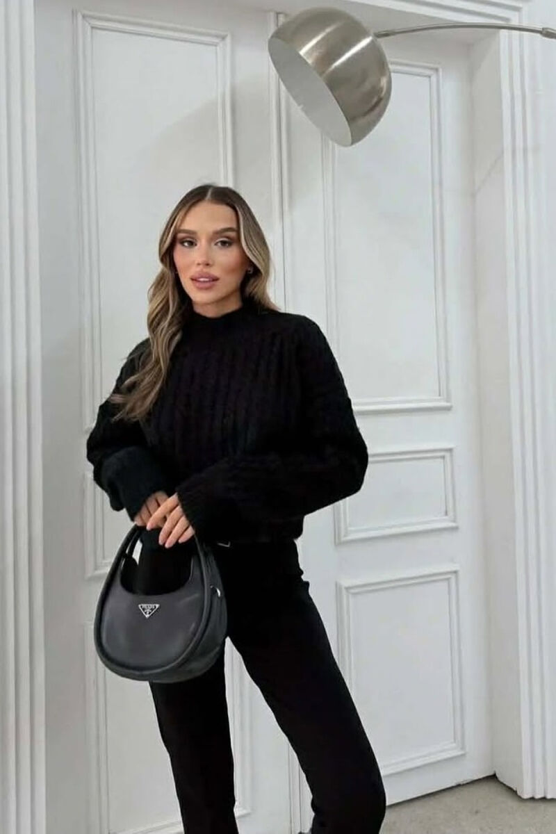 ONE COLOR CROPPED SEMI NECK WOMEN SWEATER BLACK/ E ZEZE - 5