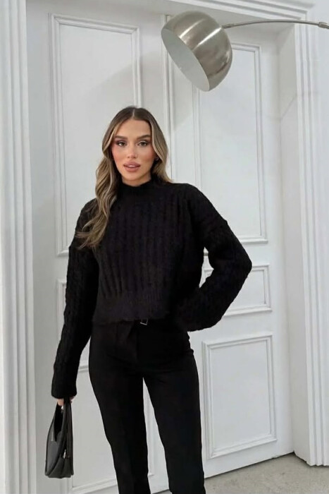 ONE COLOR CROPPED SEMI NECK WOMEN SWEATER BLACK/ E ZEZE - KLAUDIO FASHION