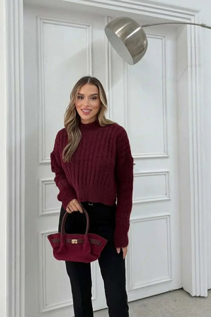 ONE COLOR CROPPED SEMI NECK WOMEN SWEATER BURGUNDY/VISHNJE - 3