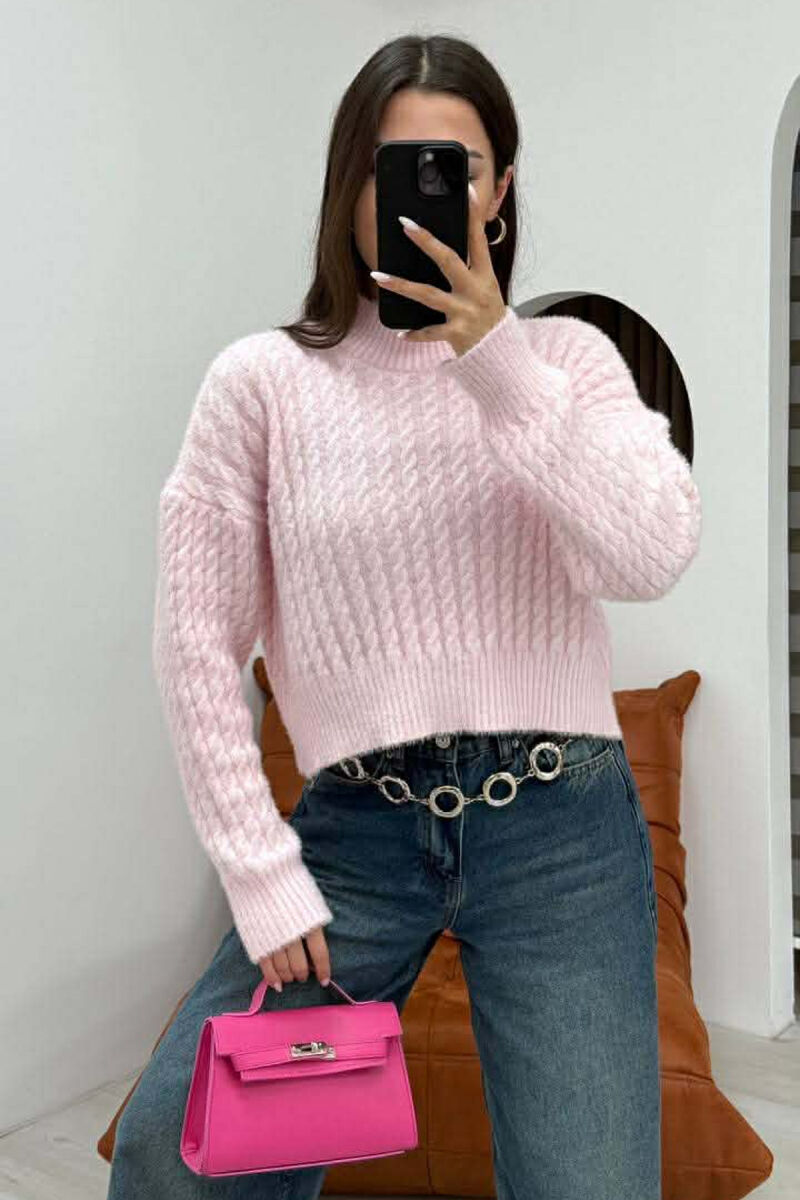 ONE COLOR CROPPED SEMI NECK WOMEN SWEATER PINK/ROZE - 2