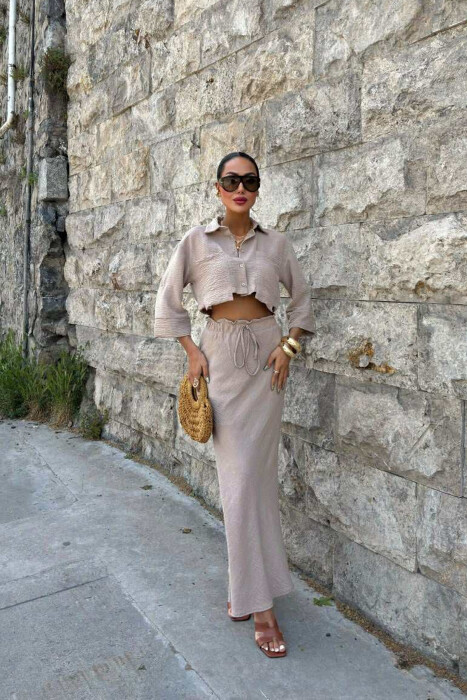 ONE COLOR CROPPED SHIRT+SKIRT WOMEN SET LIGHT BROWN/KAZB 