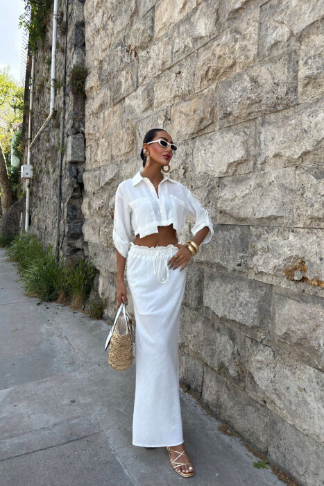 ONE COLOR CROPPED SHIRT+SKIRT WOMEN SET WHITE-E BARDHE - 1